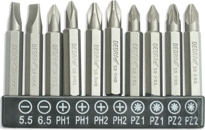 Dedra zestaw bitow 10 sztuki, 50mm: SL5.5,6.5, PH1/2-2 sztuki, PZ1/2-2 sztuki (18A07S12) 18A07S12 (5902628173195)