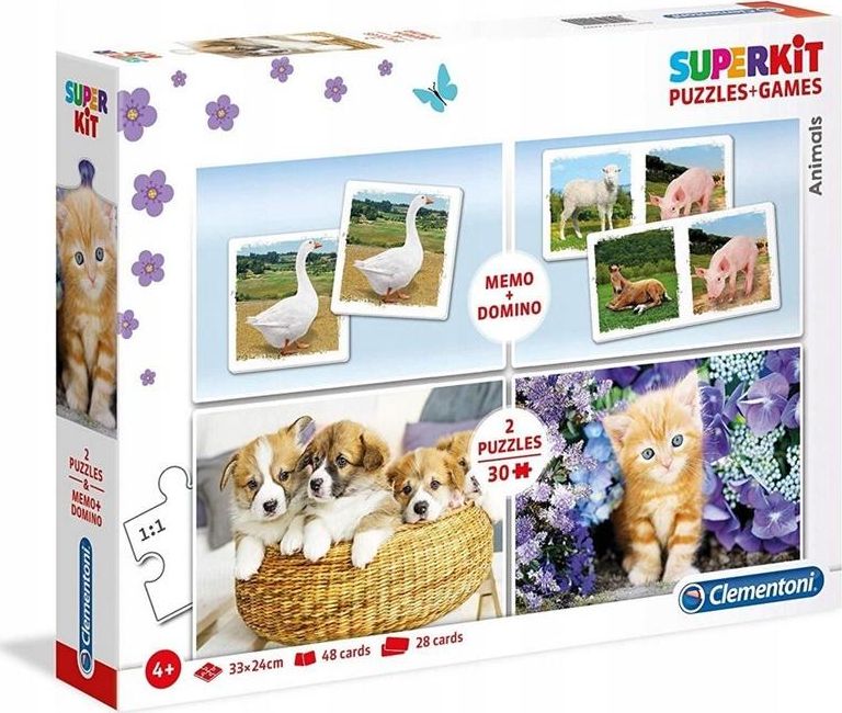 Clementoni Superkit puzzle 2x30 + memo + domino Zwierzeta 335558 (8005125202409) puzle, puzzle