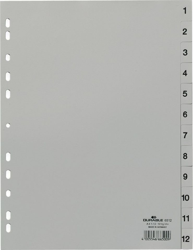 DURABLE Zahlenregister A4 1-12 PP volldeck. grau papīrs