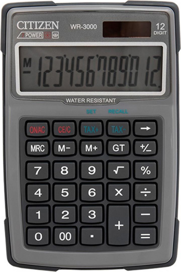 Kalkulator Citizen Citizen Kalkulator WR3000NRGYE, szara, biurkowy z obliczaniem VAT, 12 miejsc, wodoodporny, odporny na kurz i piasek WR300 kalkulators