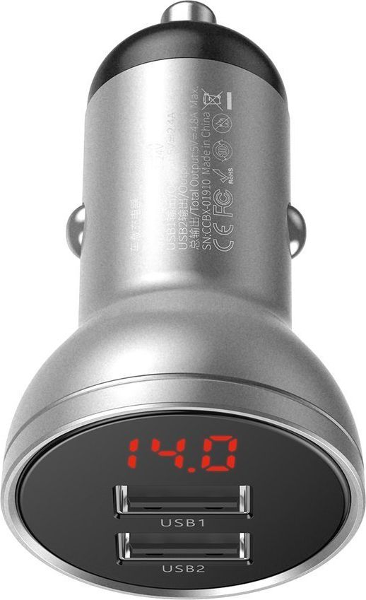 Baseus car charger with display, 2x USB, 4.8A, 24W (silver) aksesuārs mobilajiem telefoniem