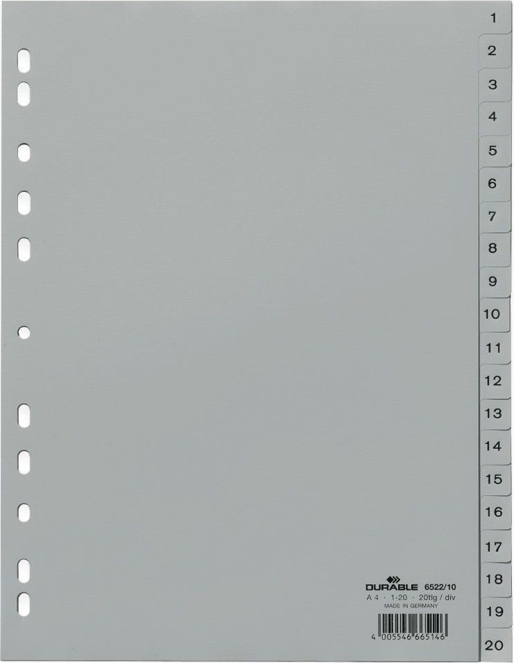 DURABLE Zahlenregister A4 1-20 PP volldeckend grau papīrs