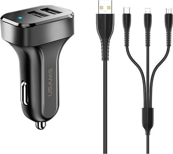 Usams Universāls x2 USB Auto lādētājs 2.1A 2.1A ar 3in1 USB Kabeli  Micro USB / Type-C / Lightning Melns iekārtas lādētājs