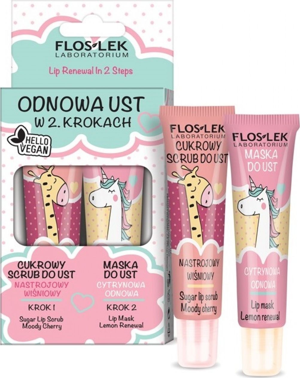 Floslek Floslek Lip Care Vege Zestaw Odnowa Ust (Scrub do ust Nastrojowy Wisniowy 14g+Maska cytrynowa 14g) 149681 (5905043009681)