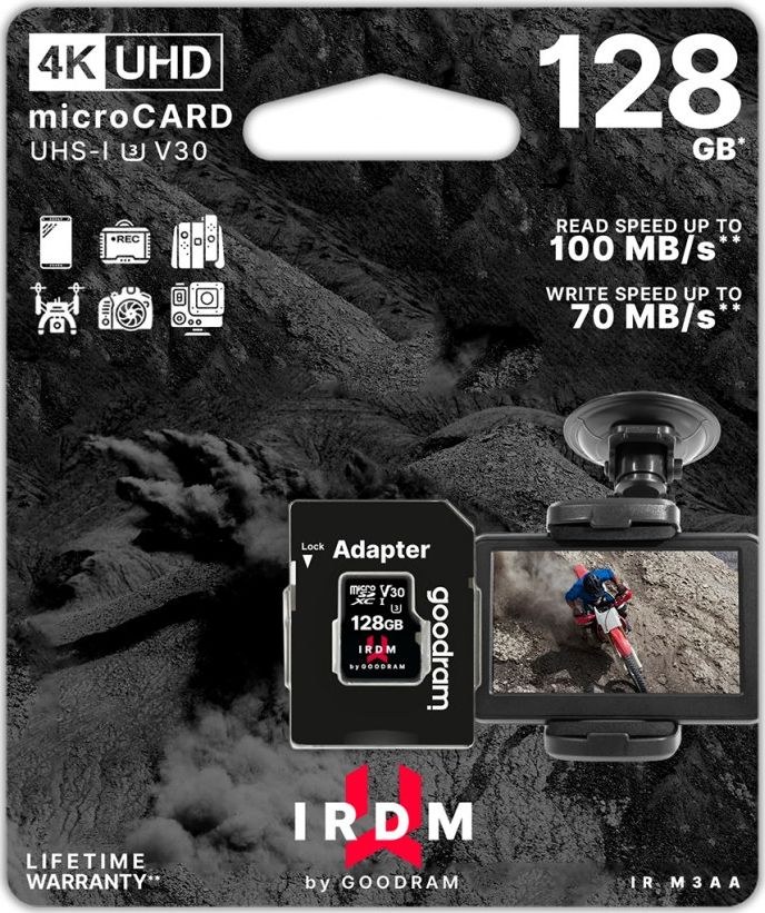 Karta GoodRam IRDM MicroSDXC 128 GB Class 10 UHS-I/U3 V30 (LEC-TGD-IRM3AA1280R12) atmiņas karte