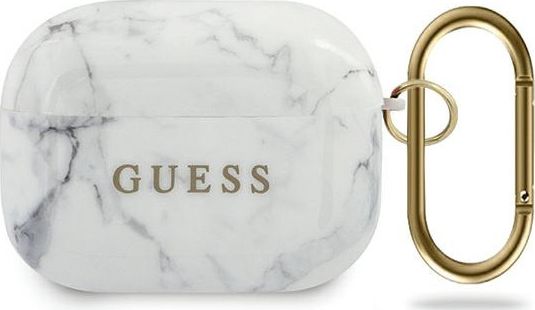 Guess Etui ochronne GUACAPTPUMAWH Marble Collection do AirPods Pro biale GUE672WHT (3700740485545)