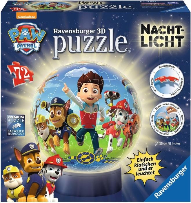 Ravensburger Puzzle Ball Night Light Paw Patrol 72 -  118427 galda spēle